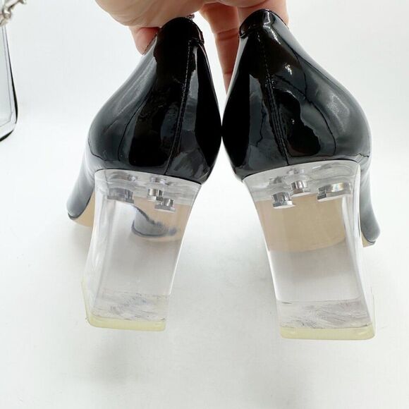 Marc Fisher Zala Black Patent Leather Poiinted Toe Pumps With Clear Acrylic Bloc - Picture 12 of 12